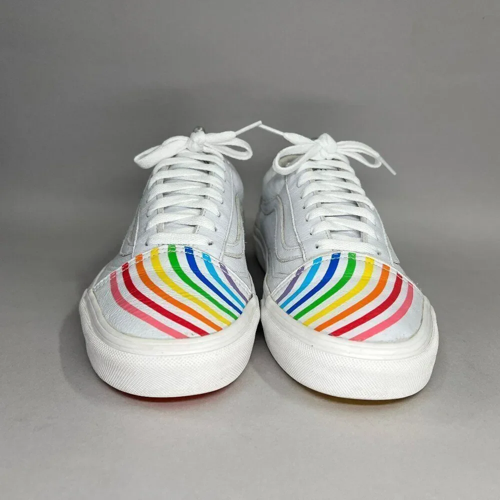 Vans Flour Shop Sneakers Women's Size 10.5 White Leather Old Skool Rainbow Shoes